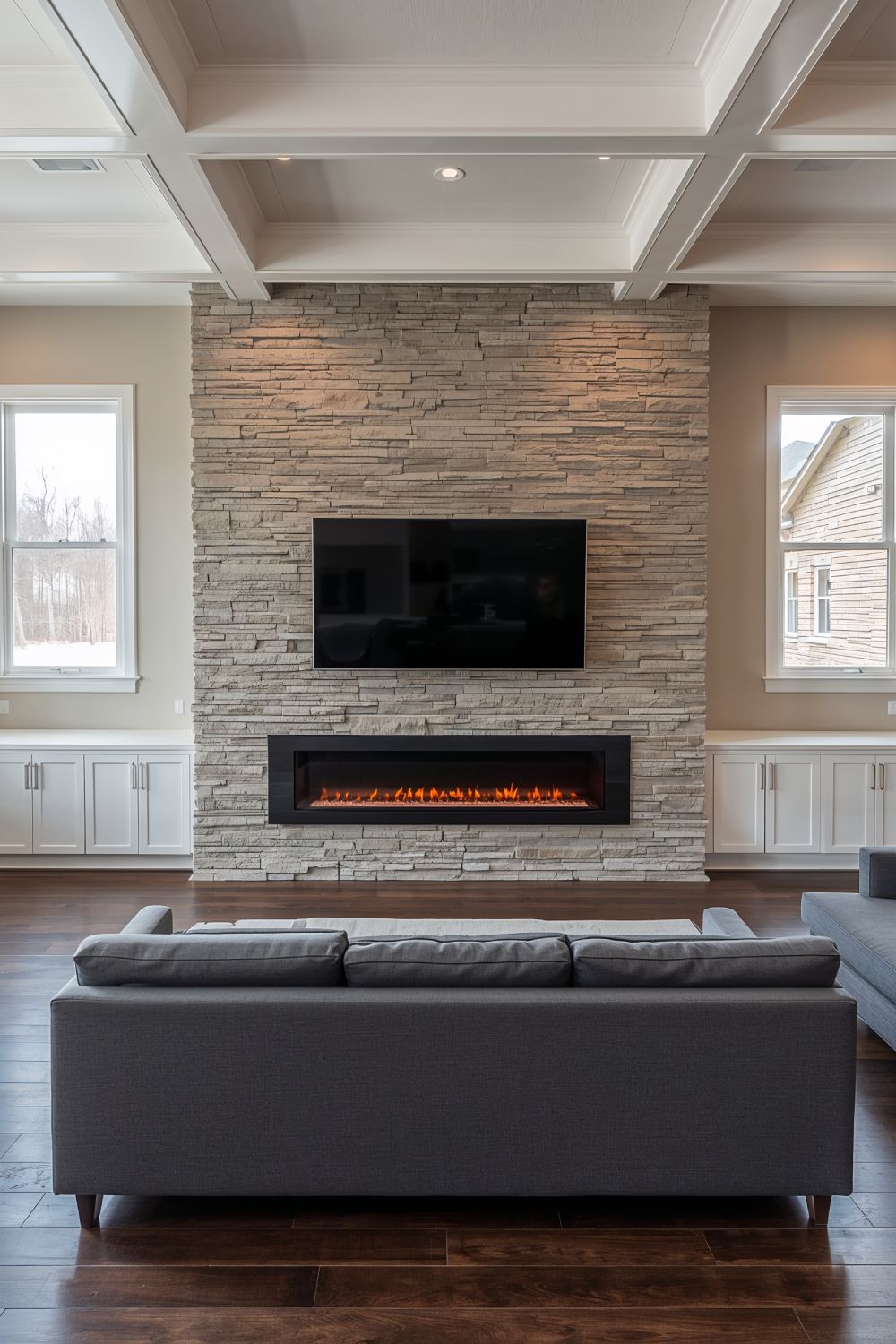 Stone Accent Walls Behind TV And Fireplace