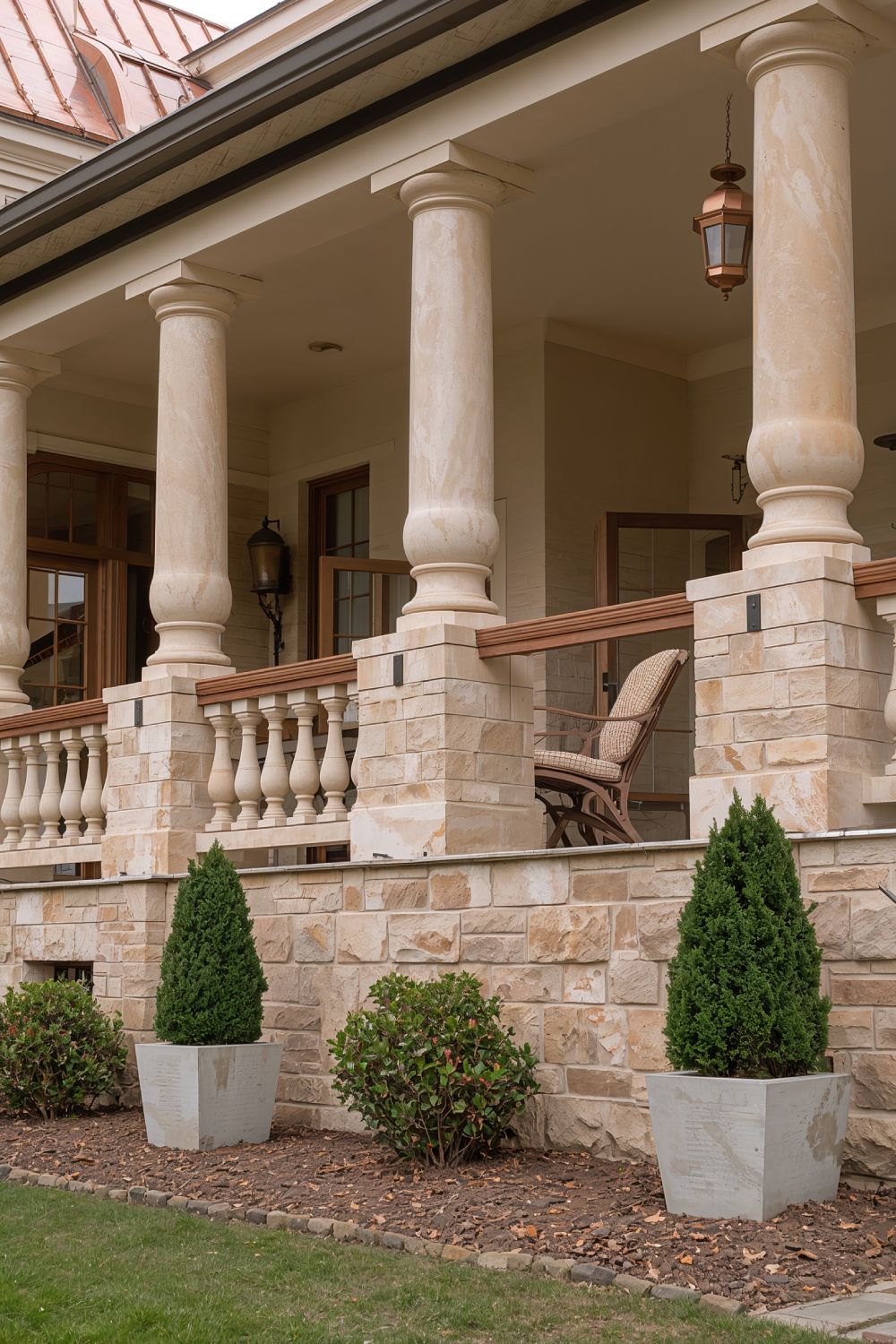 Stone Baluster Farmhouse Porch Railing With Wood Rails