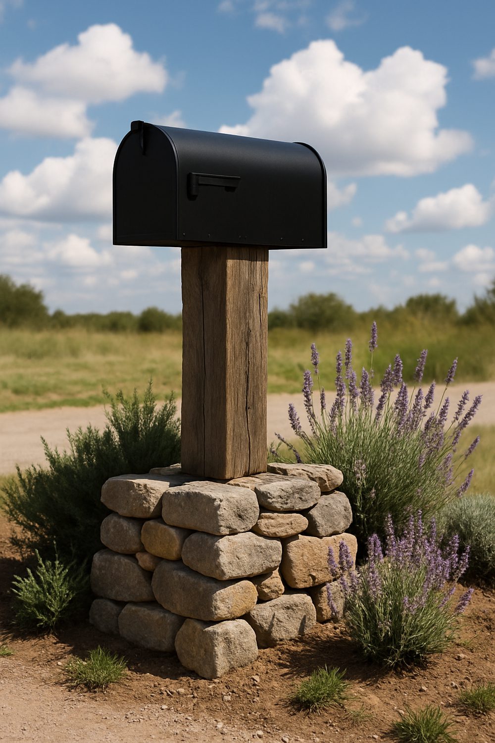 Stone Base Rustic Wooden Beam Mailbox Post
