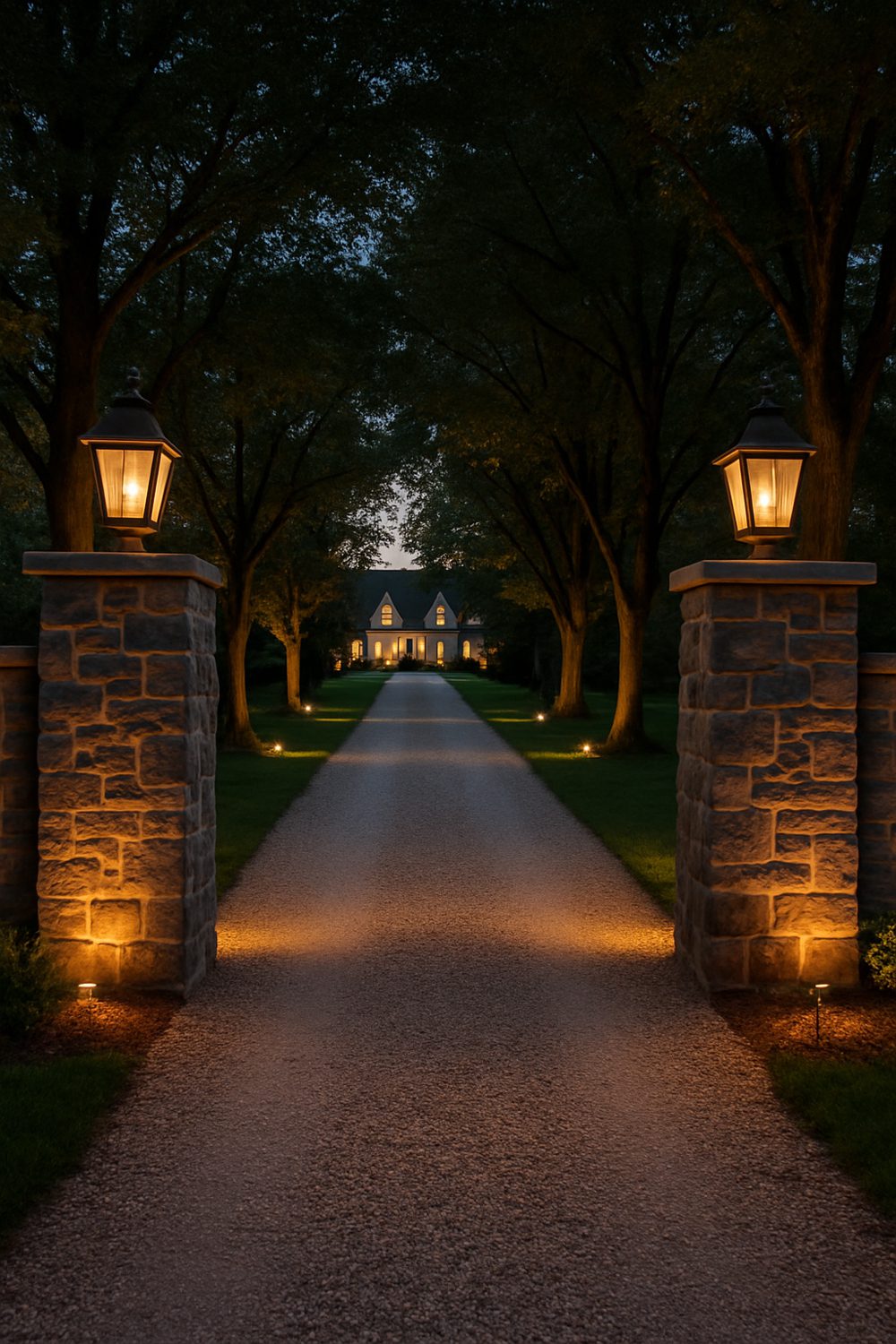Stone Columns Lit Farmhouse Driveway Entrance Ideas