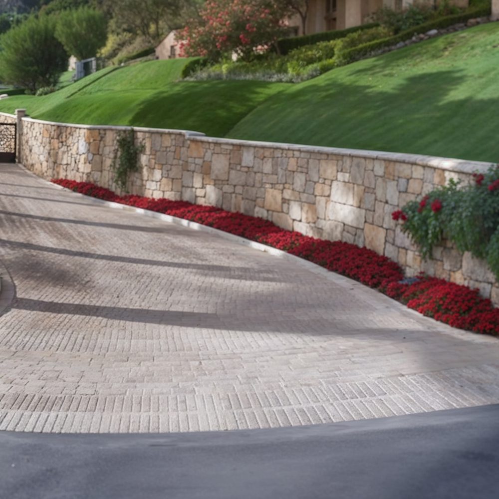 08 stone paved driveway with flower lined entrance