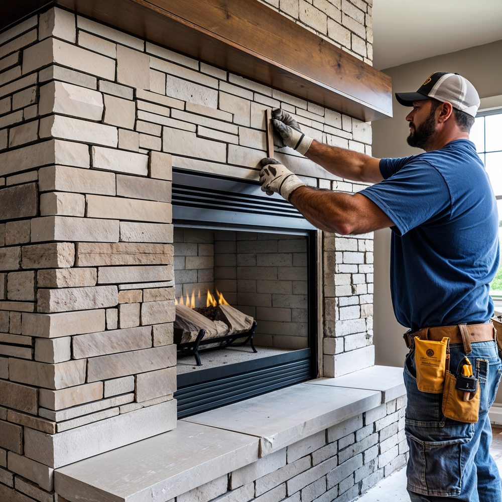 Stone veneer installation process showing transformation technique