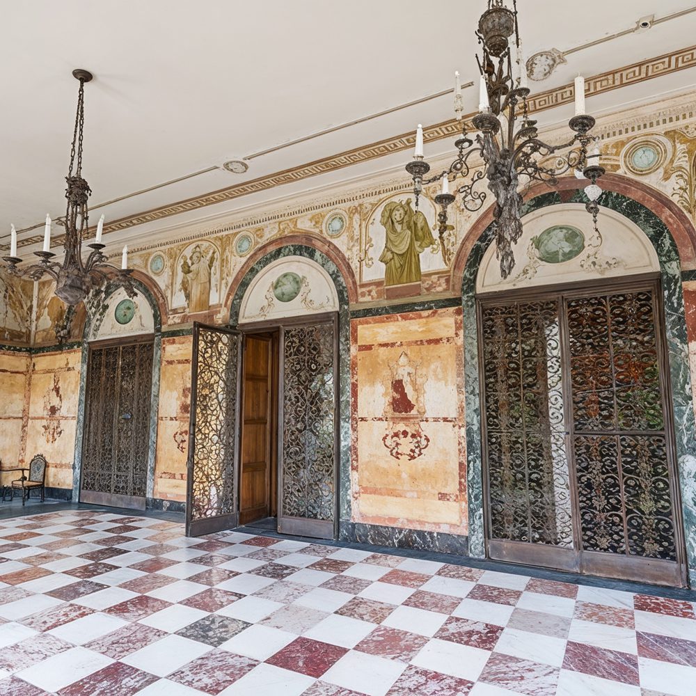 04 sunroom with checkered marble floors and frescoed walls