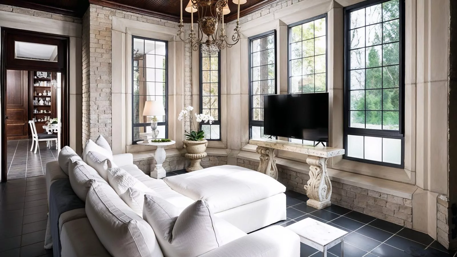 sunroom with floor to ceiling windows and elegant seating