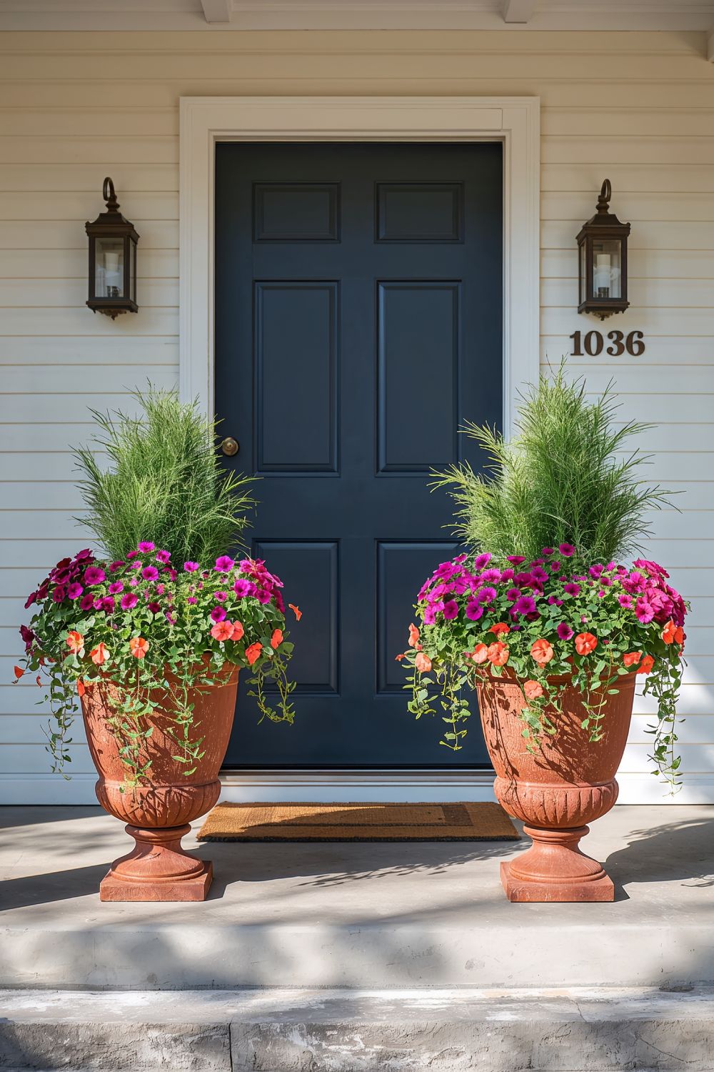 Symmetrical Planters With Seasonal Flowers For Front Door Curb Appeal