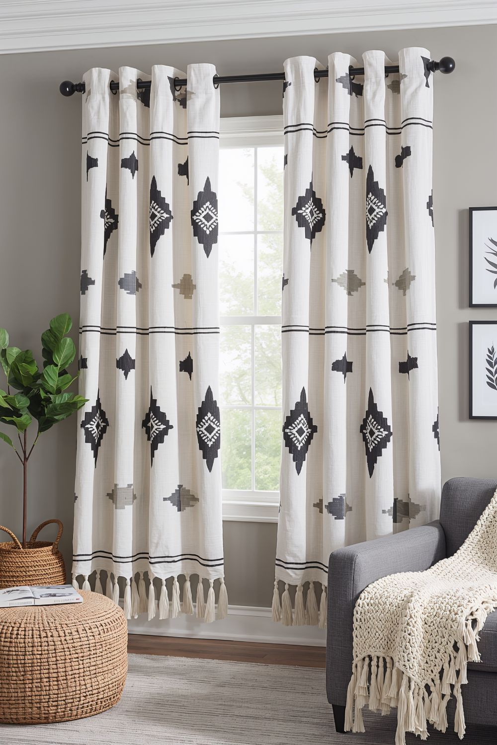 Tassel Trimmed Geometric Curtains For Modern Boho Living Rooms