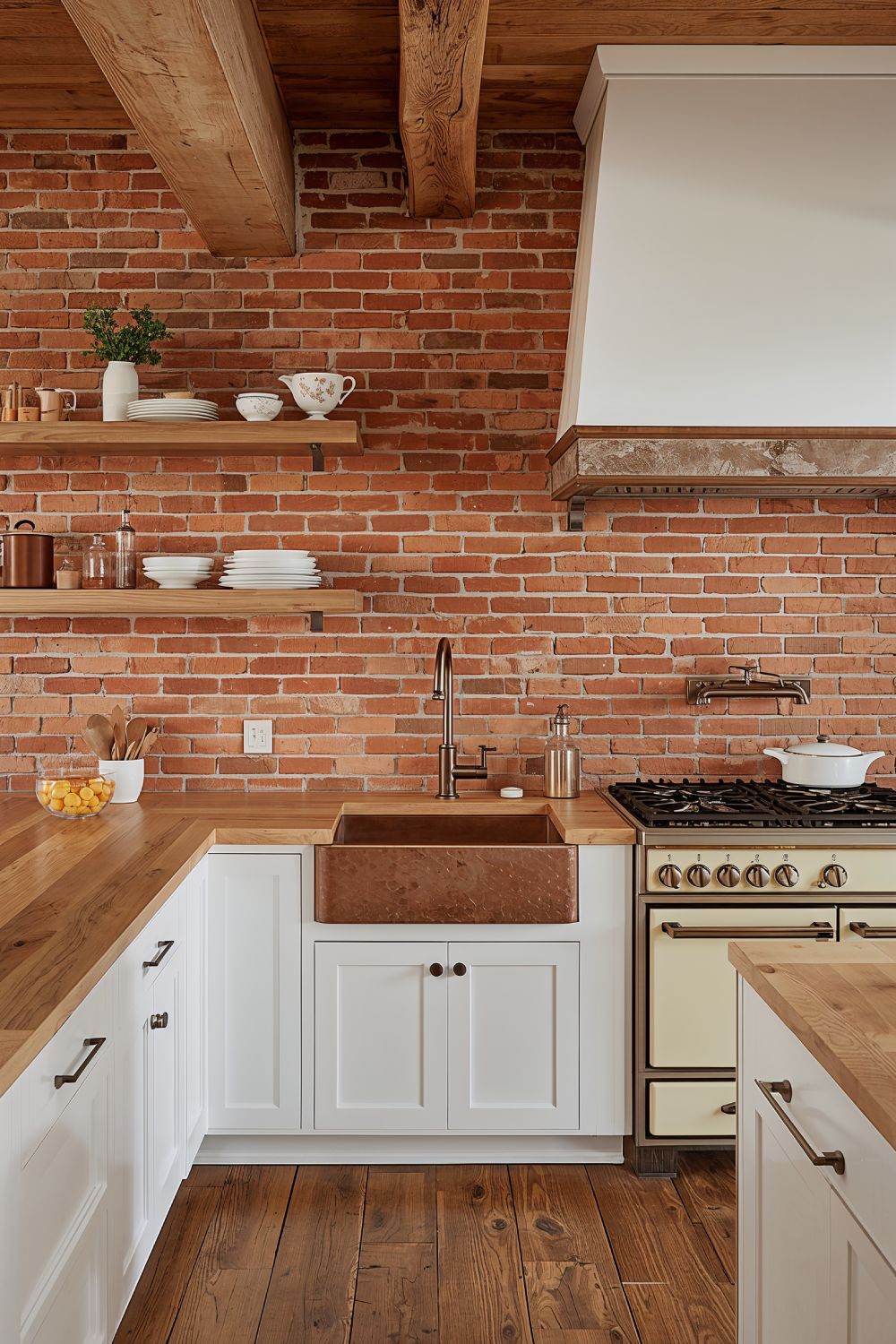 Terracotta Brick Tile Backsplash For Farmhouse White Kitchen