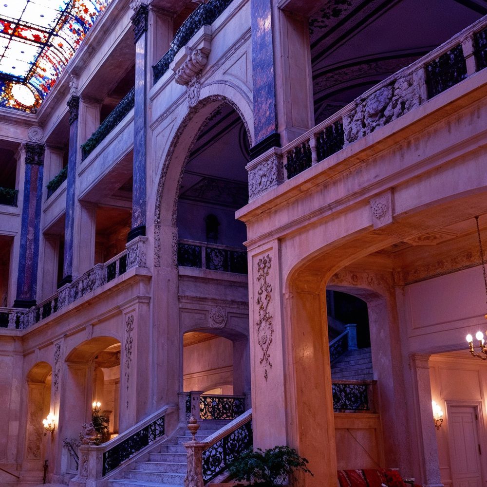 02 the great hall with stained glass skylight at shadow lawn