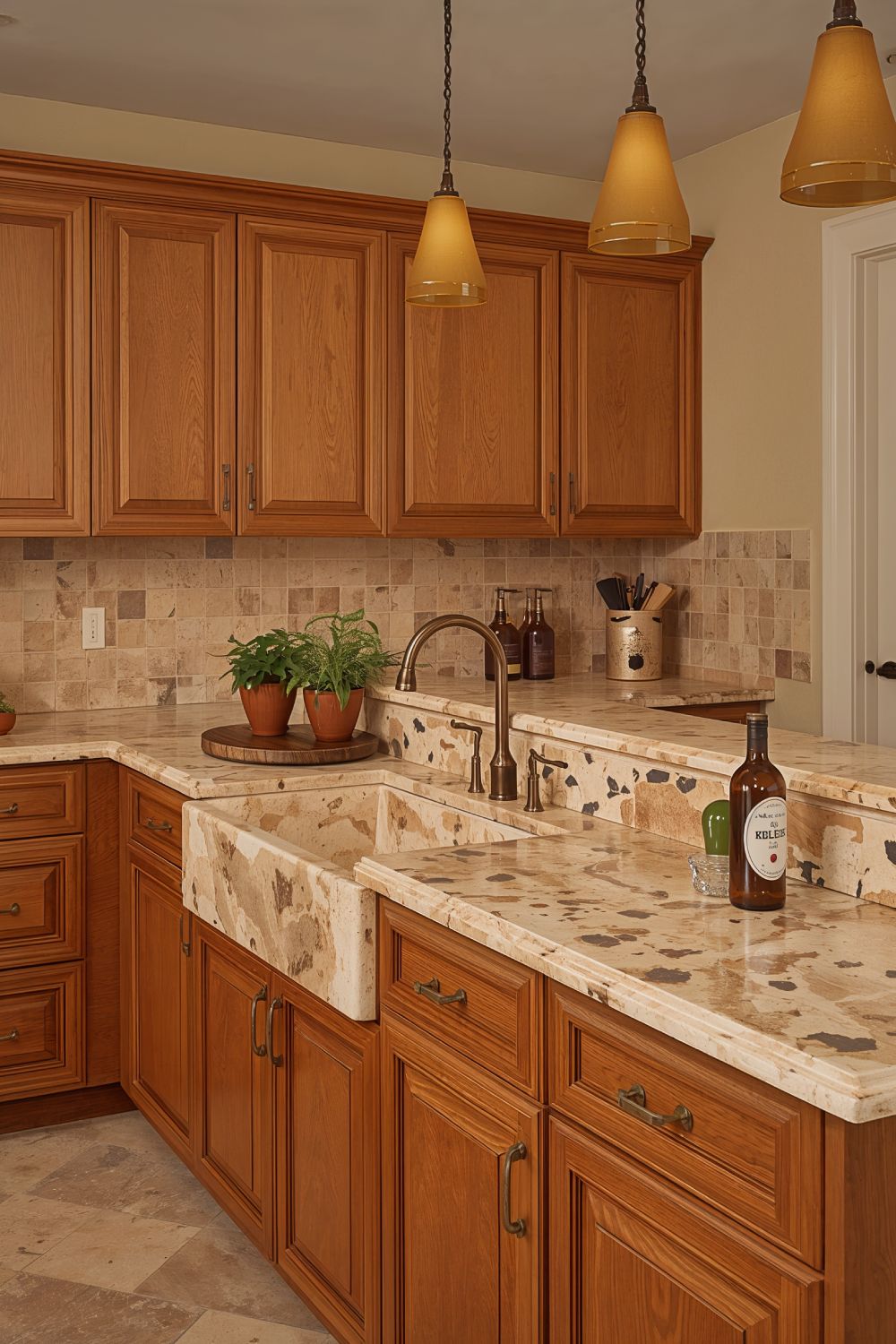 Travertine Stone Counters Perfect For Oak Cabinet Charm