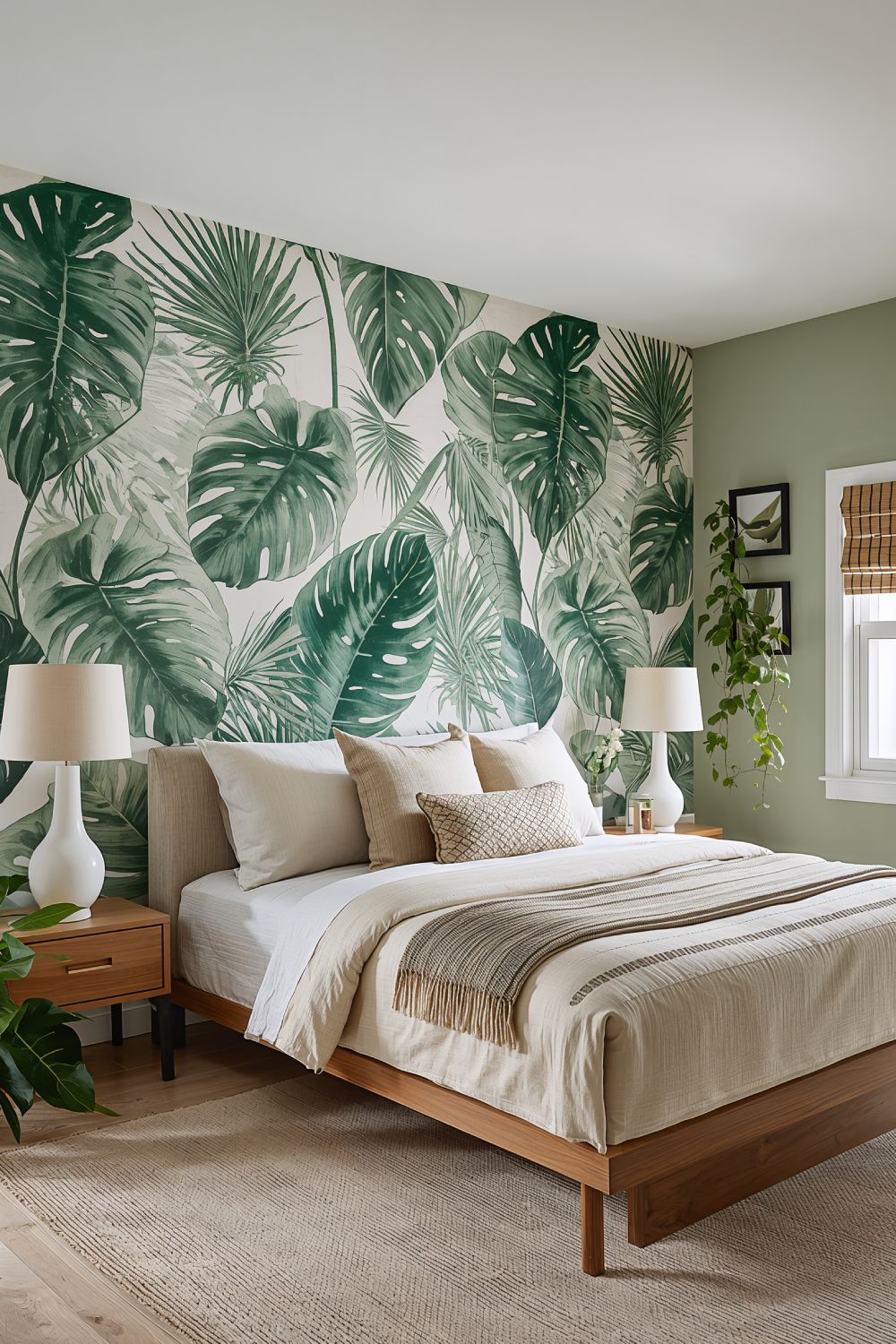 Tropical Botanical Wallpaper Accent Wall In Green Bedroom