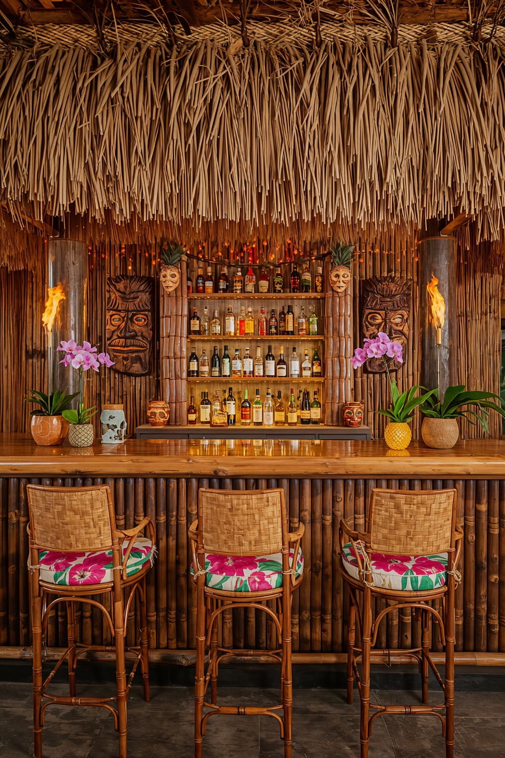 Tropical Tiki Man Cave Bar With Authentic Bamboo Construction