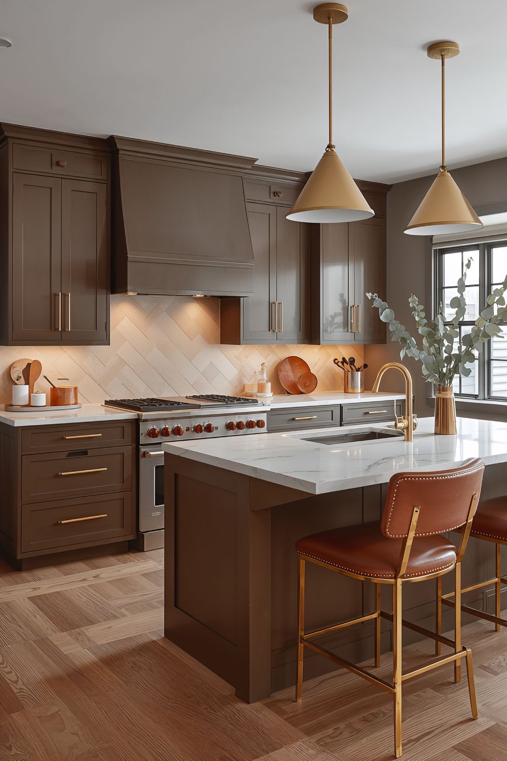 Urbane Bronze Dark Greige Kitchen Cabinets With Brass Hardware Against Agreeable Gray Walls