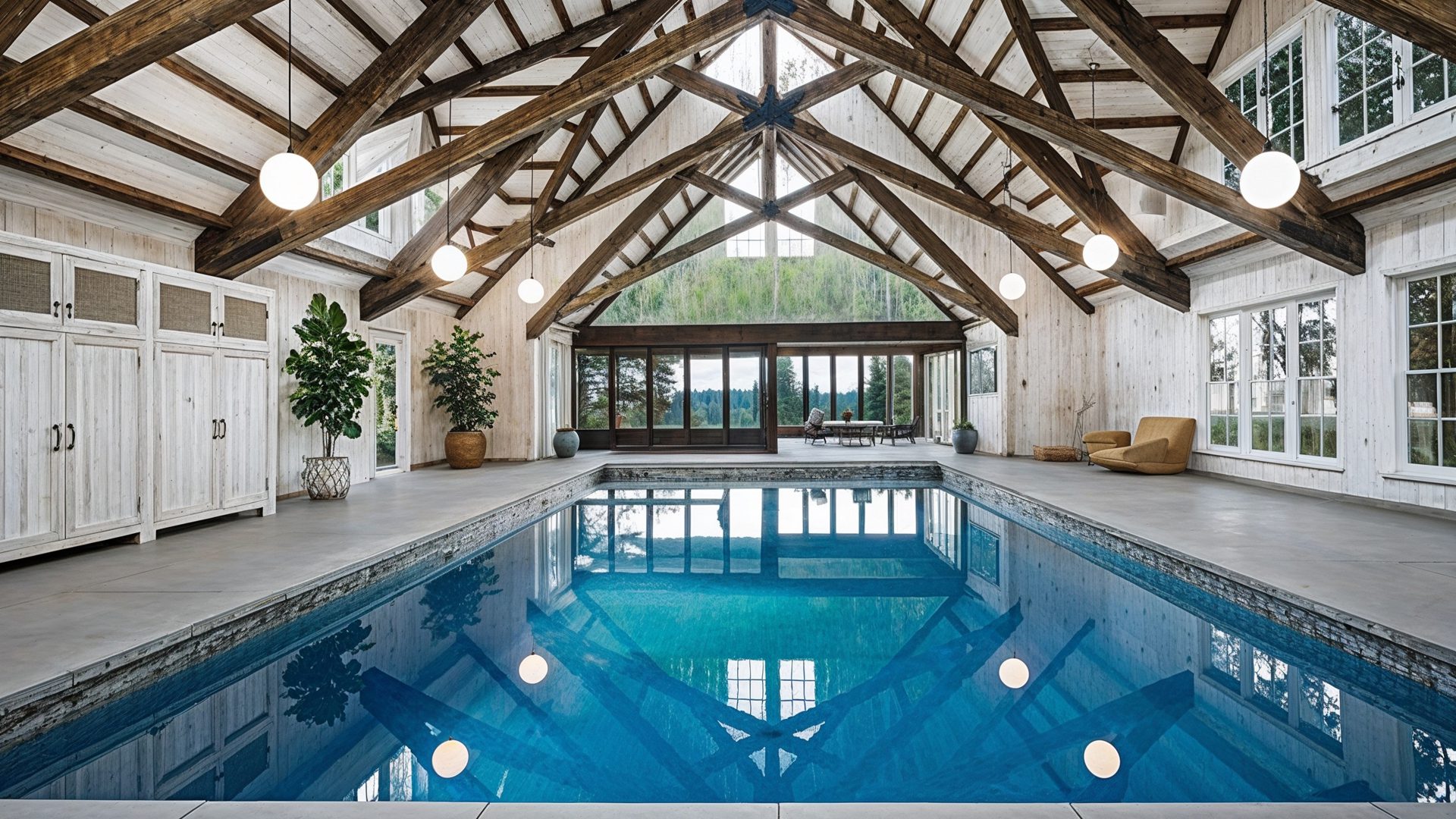 Vaulted Indoor Pool House With Exposed Timber Trusses
