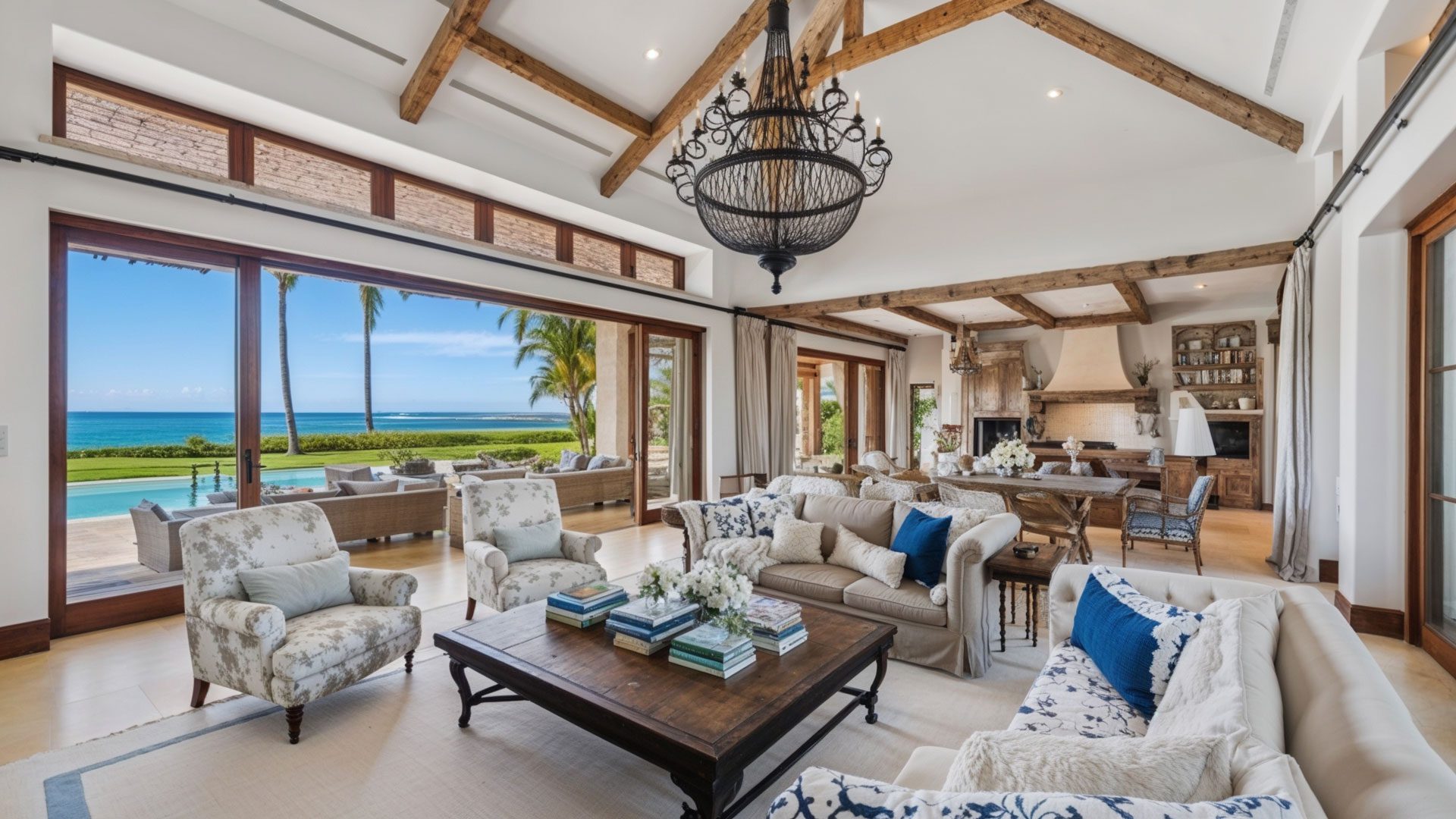 Vaulted Living Room With Coastal Decor And Oversized Chandelier