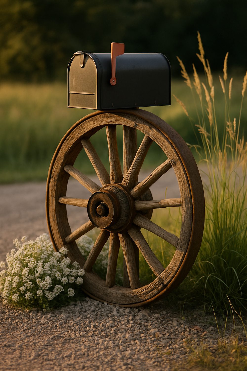 Wagon Wheel Base Farmhouse Mailbox Post