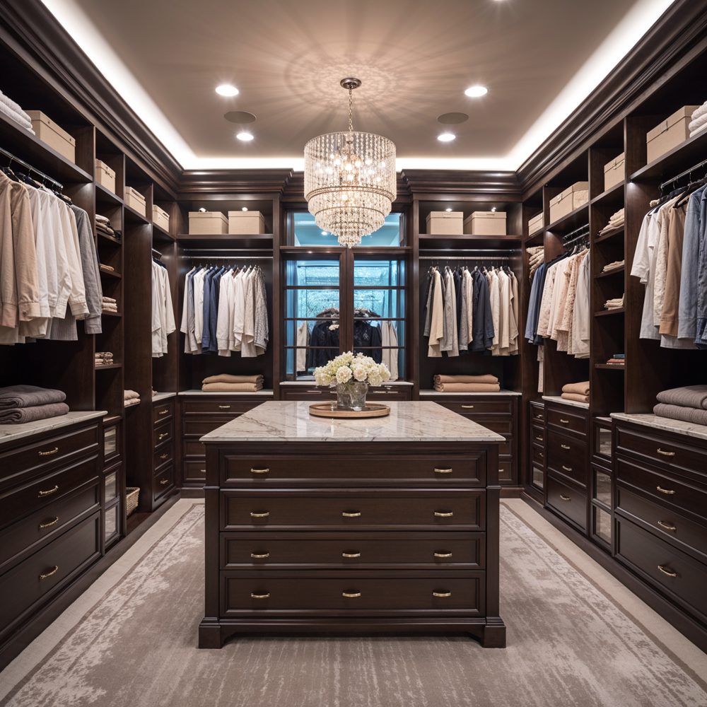 Walk-in closet makeover with island and seating