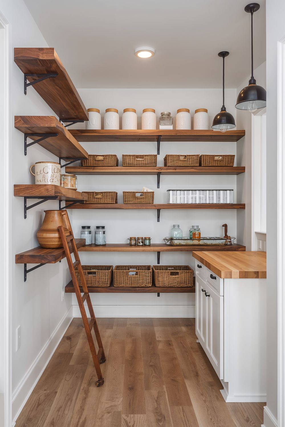 Walk In Farmhouse Pantry With Floating Shelves Design