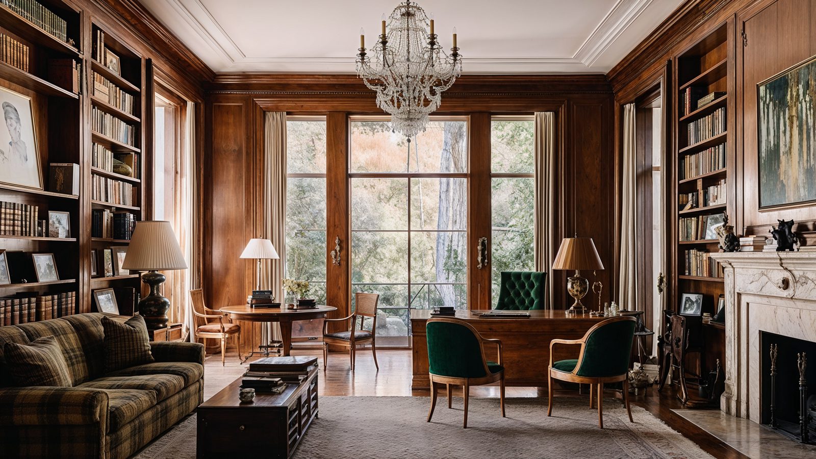 Walnut Paneled Library With Fireplace And Garden Views