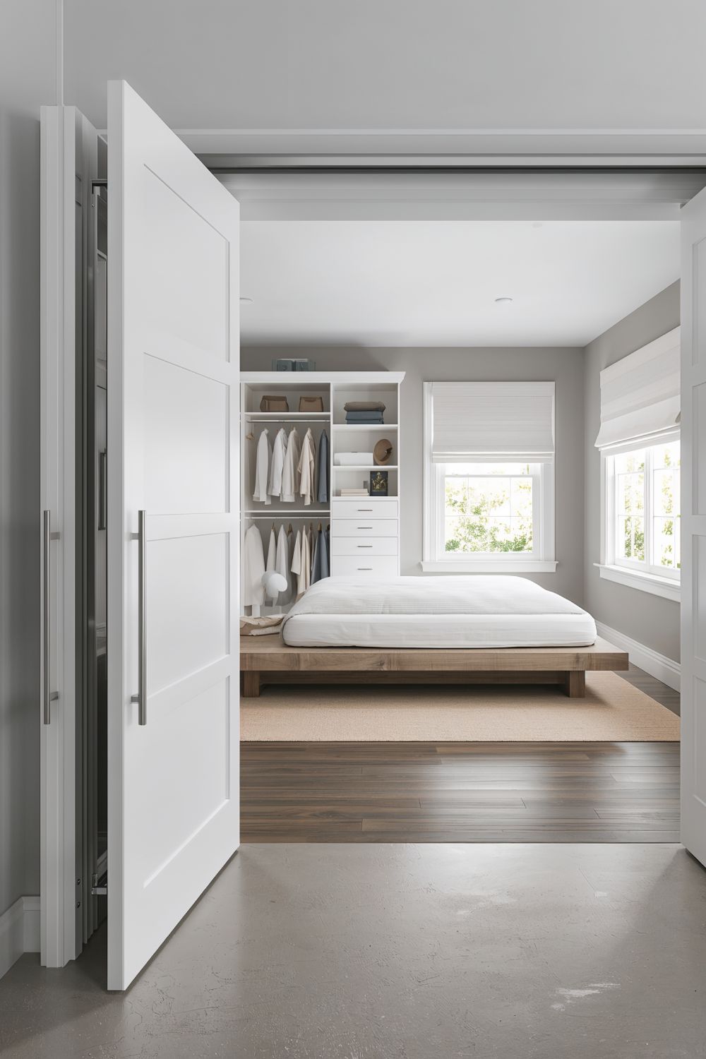 White Bi Fold Closet Doors In Modern Bedroom
