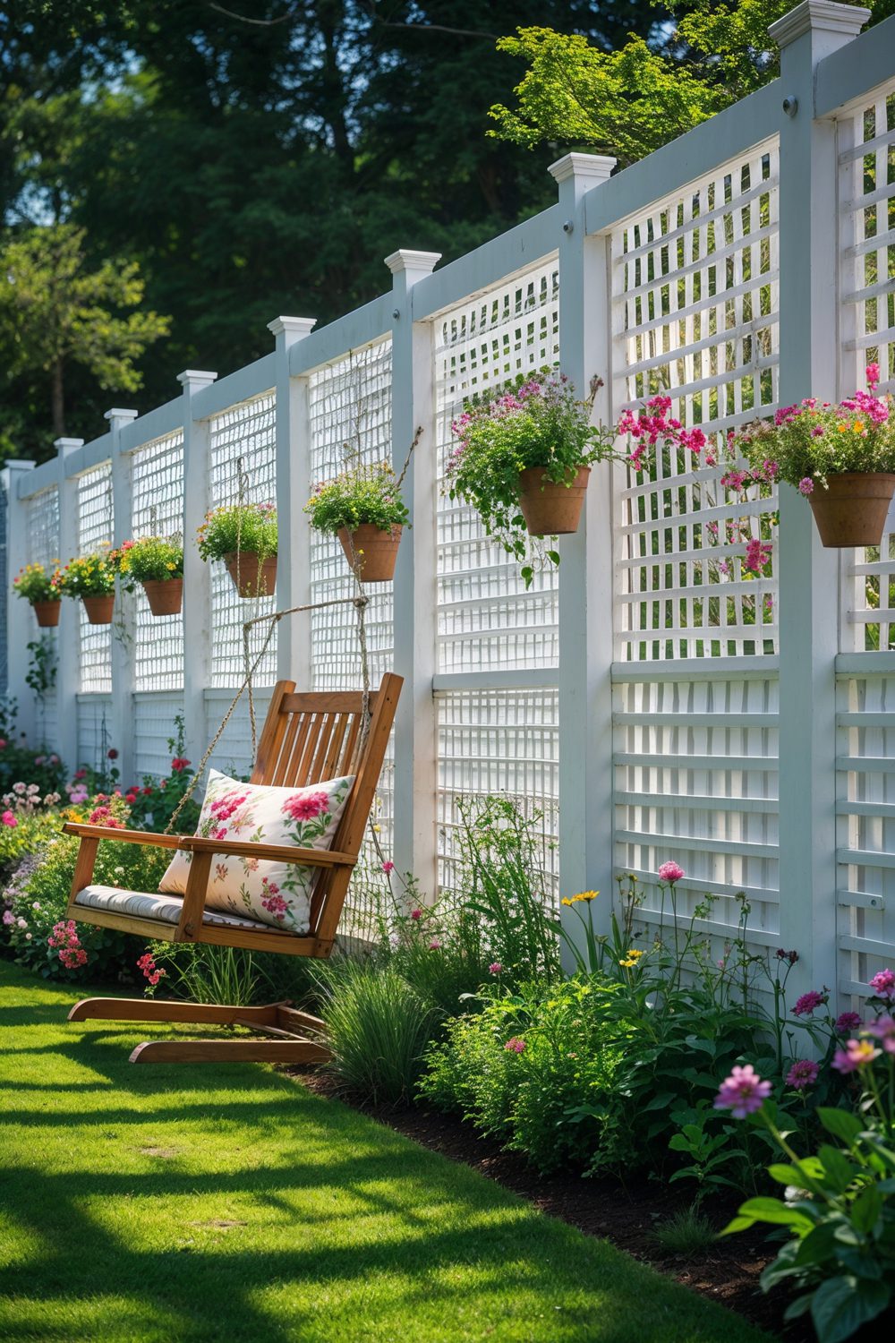 White Lattice Privacy Fence With Garden Accents