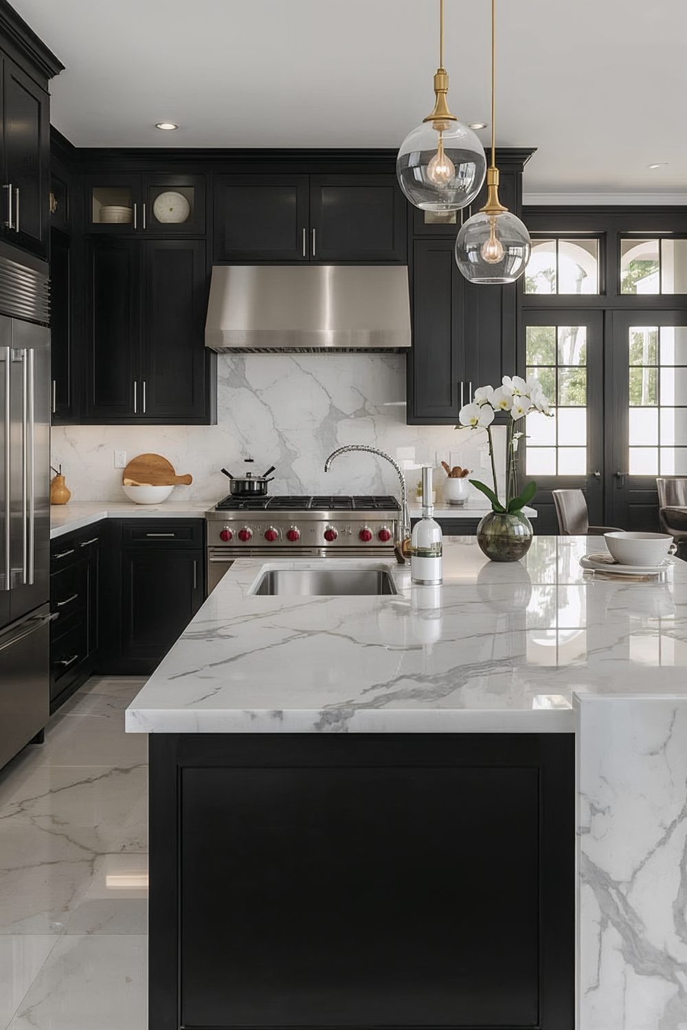 White Marble Countertops Black Cabinets Kitchen