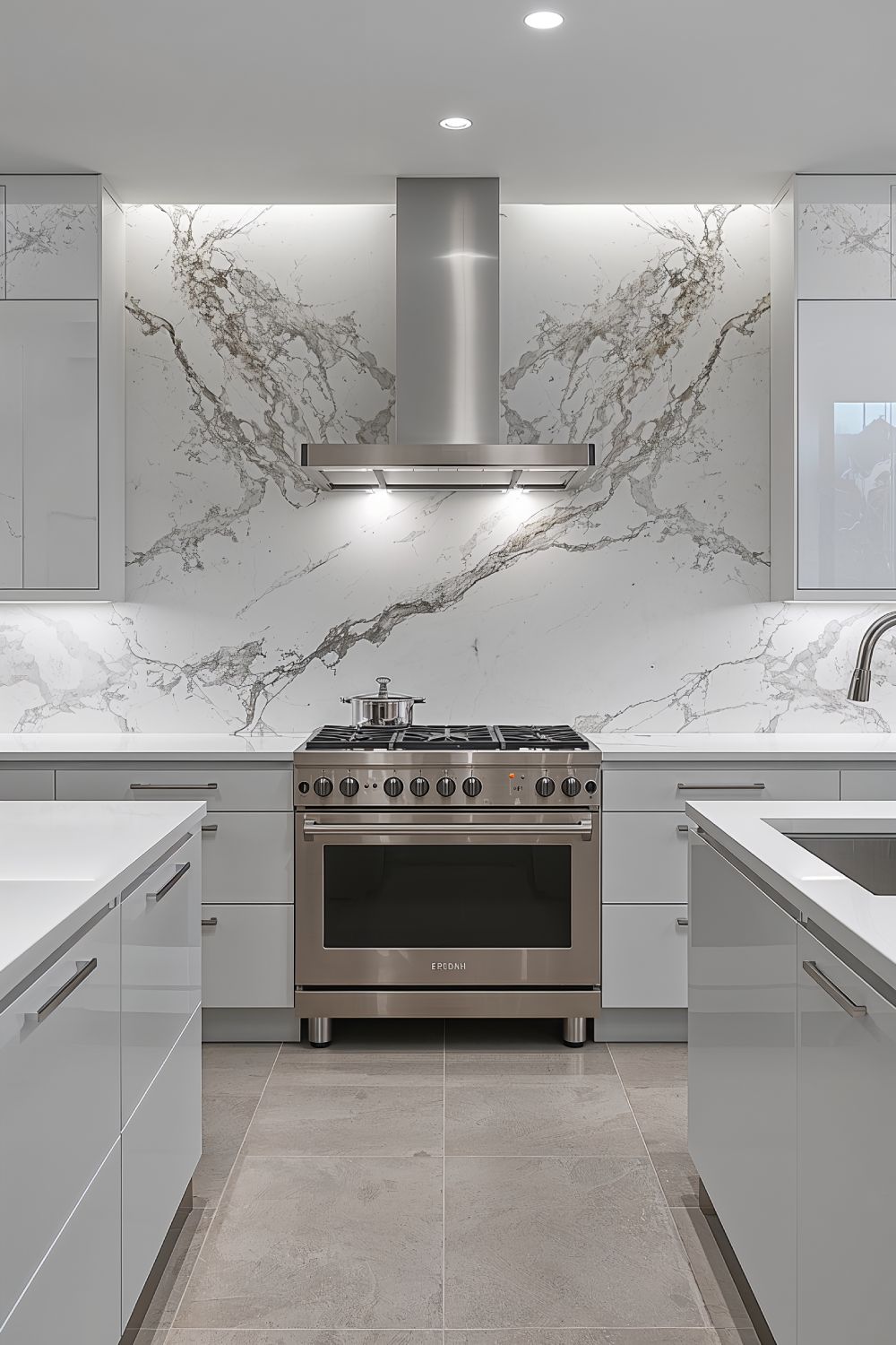 White Marble Slab Backsplash For Luxury White Kitchen Cabinets