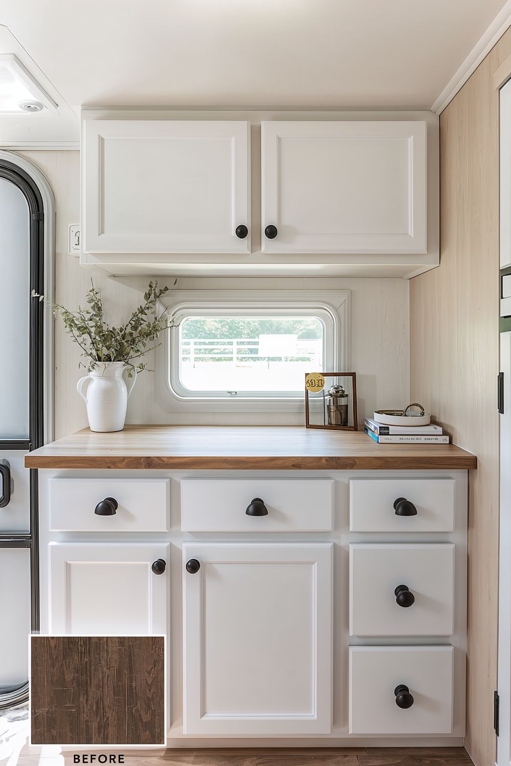 White Painted Pop Up Camper Cabinets With Black Hardware