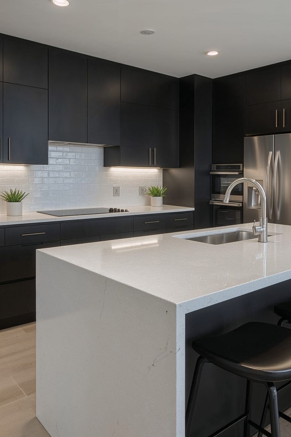 White Quartz Countertops Black Cabinets Kitchen
