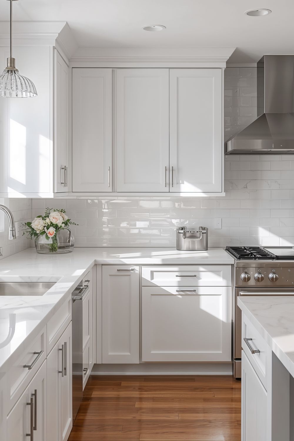 White Subway Tile Kitchen Backsplash With White Cabinets
