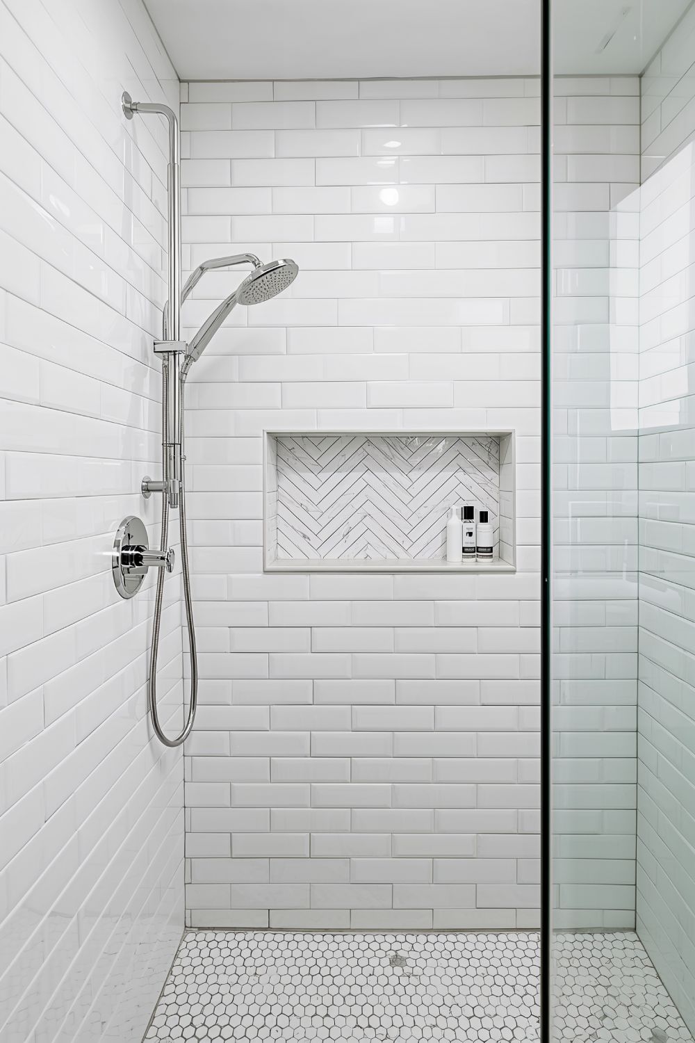 White Subway Tile Shower With Herringbone Accent Pattern