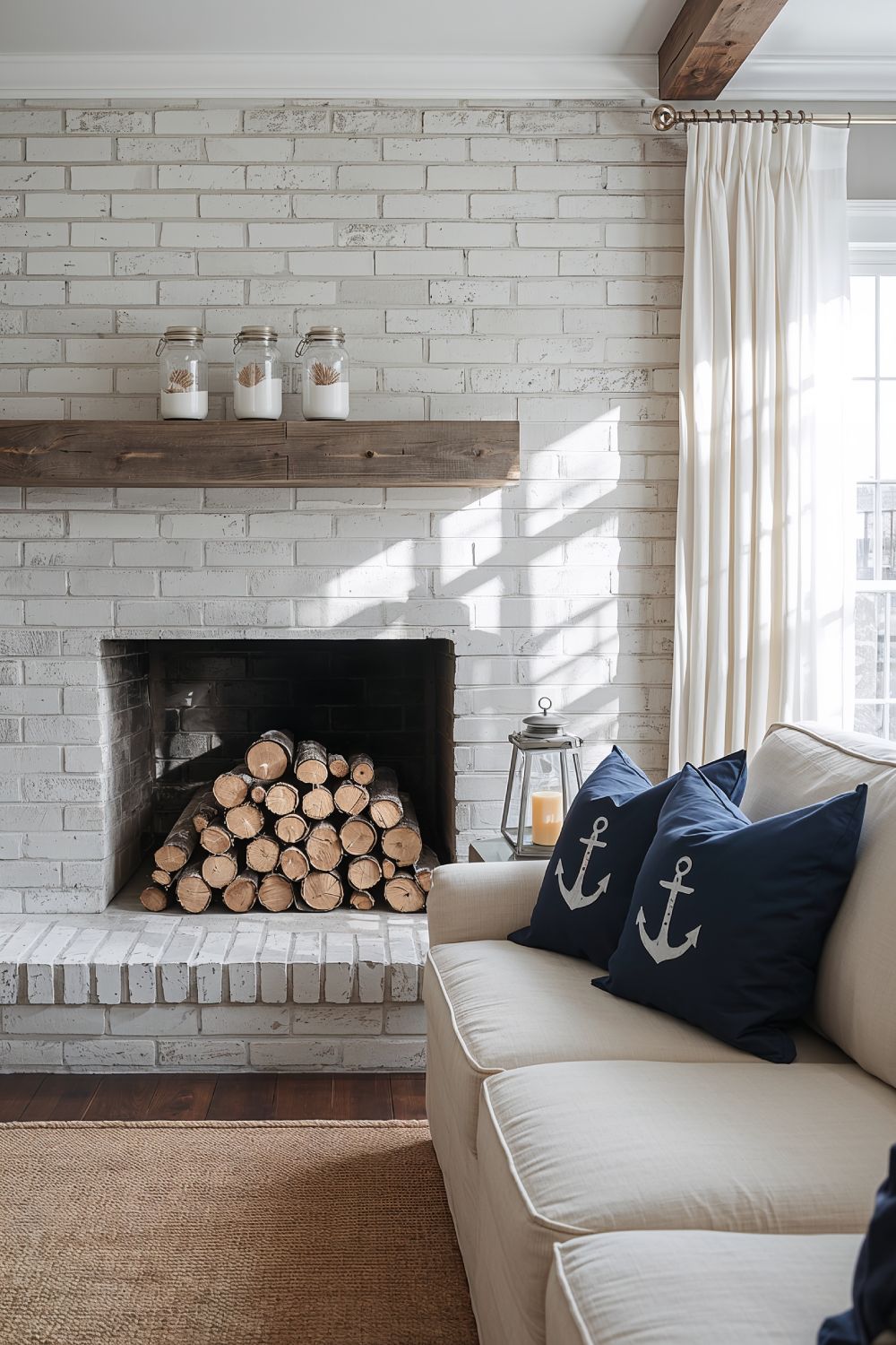 Whitewashed Brick Fireplace Coastal Living Room Design