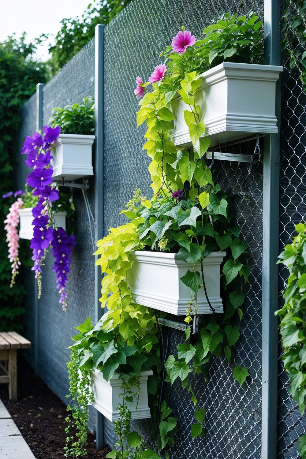Window Box Planters With Cascading Vines Mounted On Chain Link F