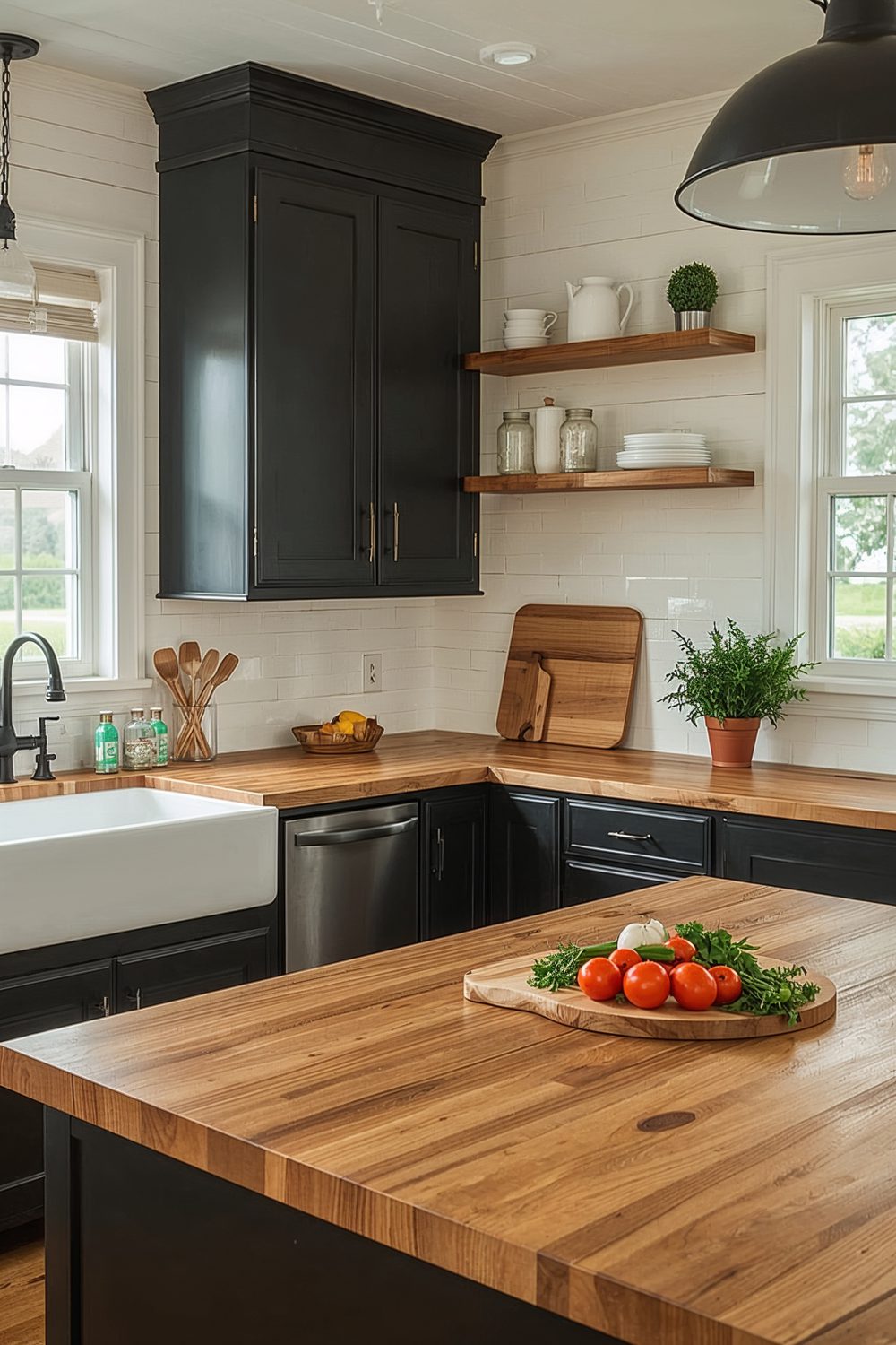 Wood Butcher Block Countertops Black Cabinets Kitchen